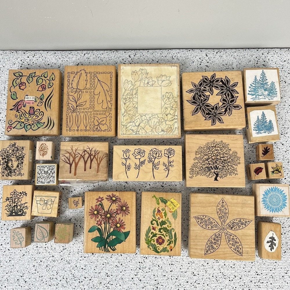 Vintage Rubber Stamp Lot 26 Pc‎ Flowers Trees Leaves Floral Crafting Paper Art